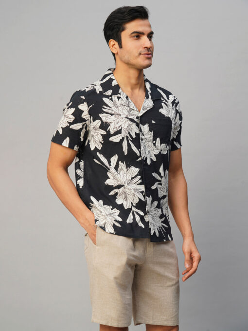 Men's Navy Cotton Flax Loose Fit Printed Shirt - Image 4