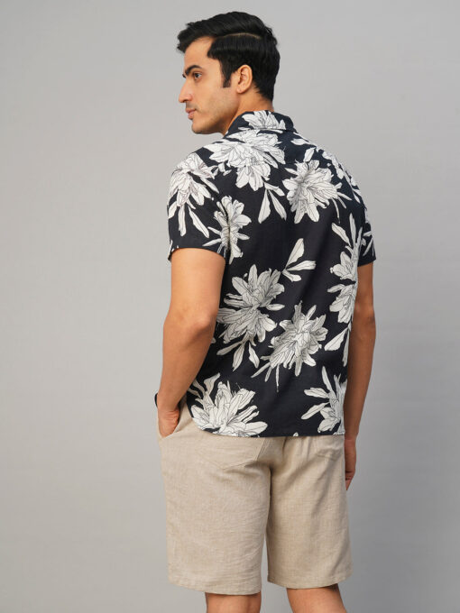 Men's Navy Cotton Flax Loose Fit Printed Shirt - Image 5