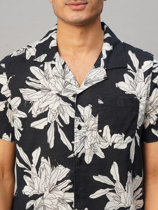 Men's Navy Cotton Flax Loose Fit Printed Shirt - Image 6