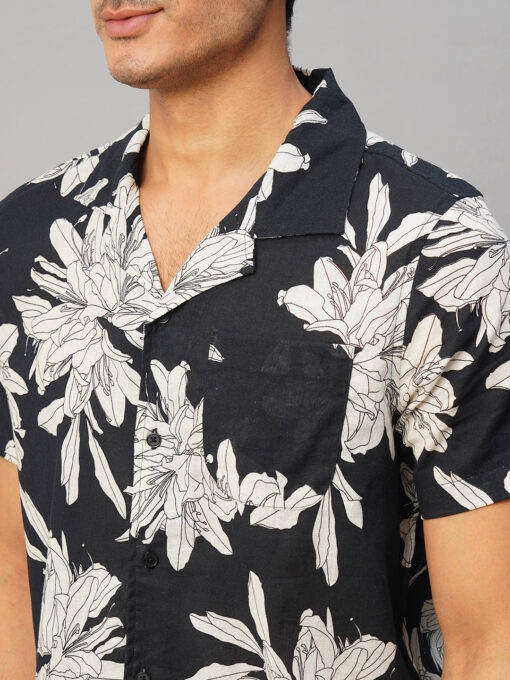 Men's Navy Cotton Flax Loose Fit Printed Shirt - Image 7