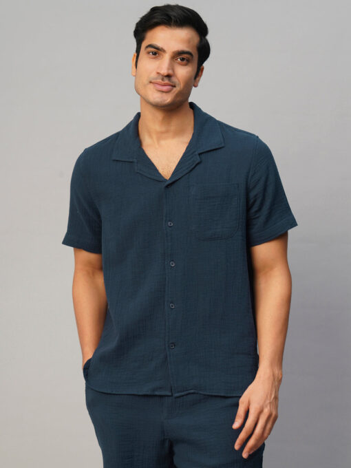 Men's Navy Cotton Loose Fit Shirt - Image 2