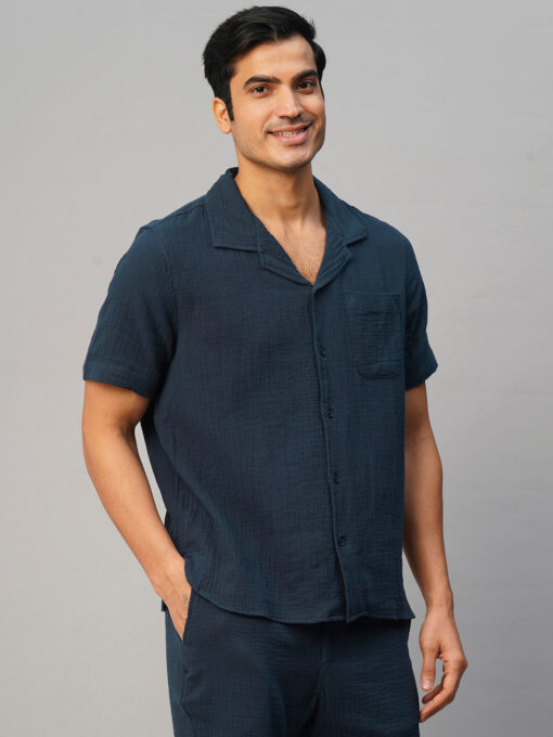 Men's Navy Cotton Loose Fit Shirt - Image 4