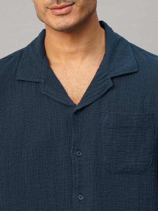 Men's Navy Cotton Loose Fit Shirt - Image 6