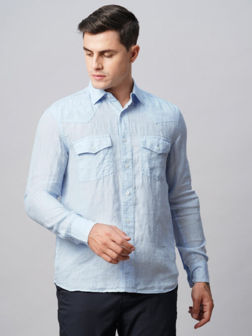 Men's 100% Linen Sky Blue Regular Fit Long Sleeved Shirt - Image 2