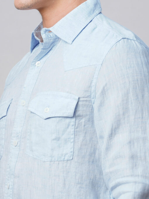 Men's 100% Linen Sky Blue Regular Fit Long Sleeved Shirt - Image 8