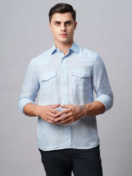 Men's 100% Linen Sky Blue Regular Fit Long Sleeved Shirt - Image 3