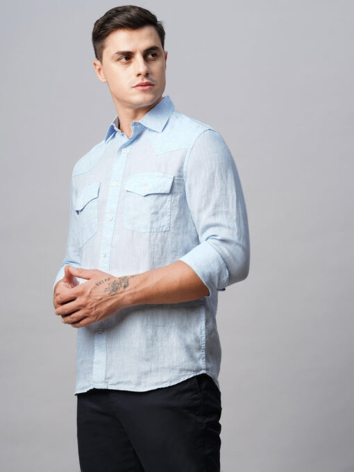 Men's 100% Linen Sky Blue Regular Fit Long Sleeved Shirt - Image 4