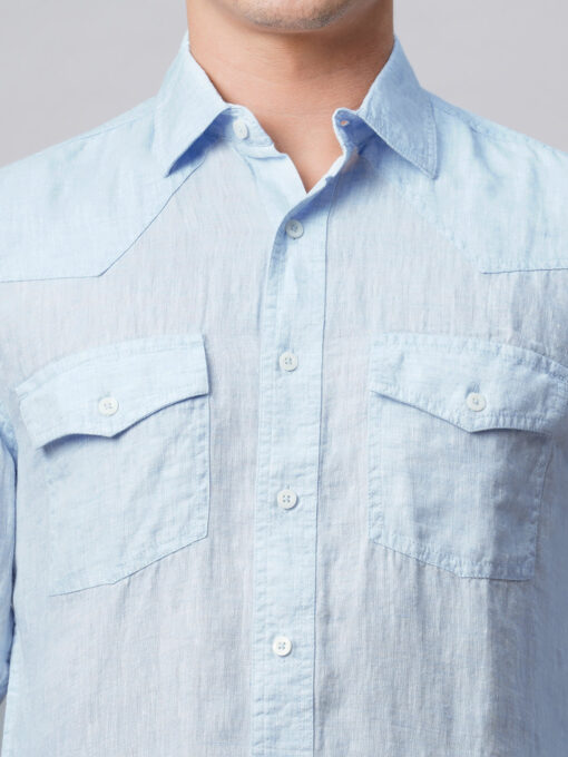 Men's 100% Linen Sky Blue Regular Fit Long Sleeved Shirt - Image 7