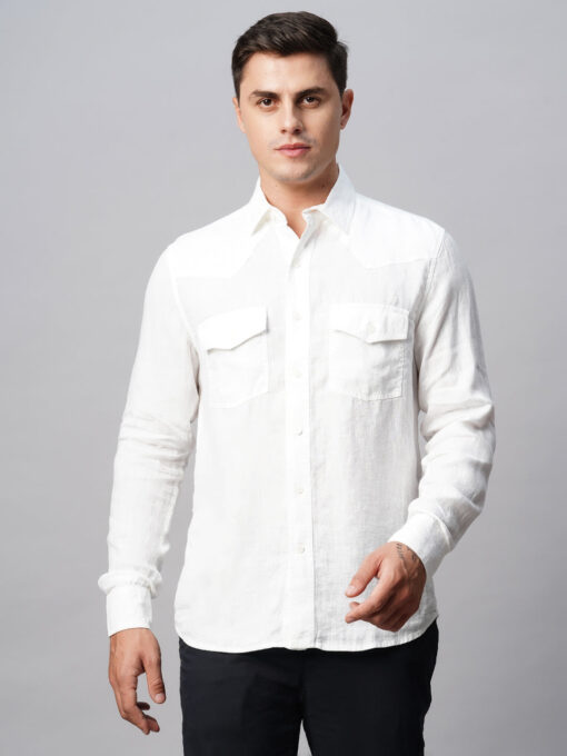 Men's 100% White Linen Regular Fit Long Sleeved Shirt - Image 2