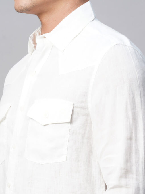 Men's 100% White Linen Regular Fit Long Sleeved Shirt - Image 8