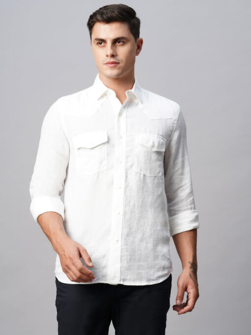 Men's 100% White Linen Regular Fit Long Sleeved Shirt - Image 3