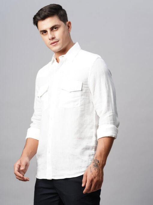 Men's 100% White Linen Regular Fit Long Sleeved Shirt - Image 4