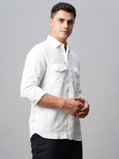 Men's 100% White Linen Regular Fit Long Sleeved Shirt - Image 5