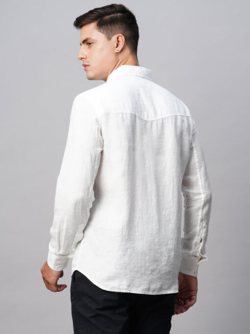 Men's 100% White Linen Regular Fit Long Sleeved Shirt - Image 6