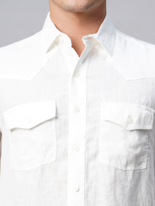 Men's 100% White Linen Regular Fit Long Sleeved Shirt - Image 7