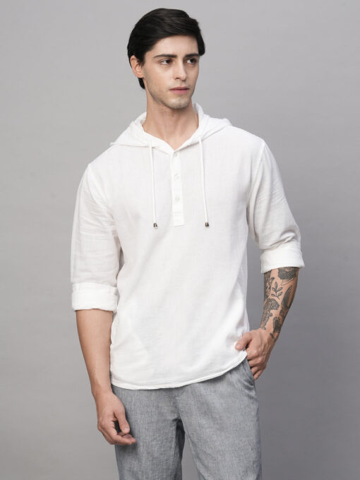 Men's White Cotton Linen Regular Fit Shirt - Image 3