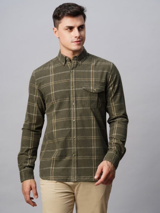 Men's Green Cotton Regular Fit Checked Shirt - Image 2