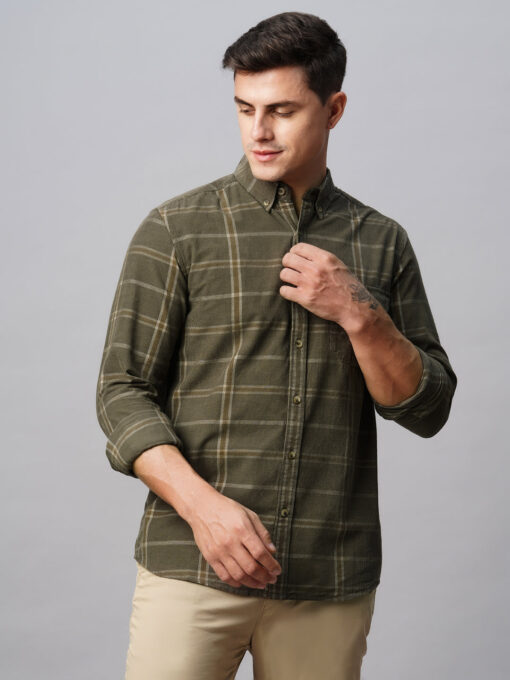 Men's Green Cotton Regular Fit Checked Shirt - Image 3