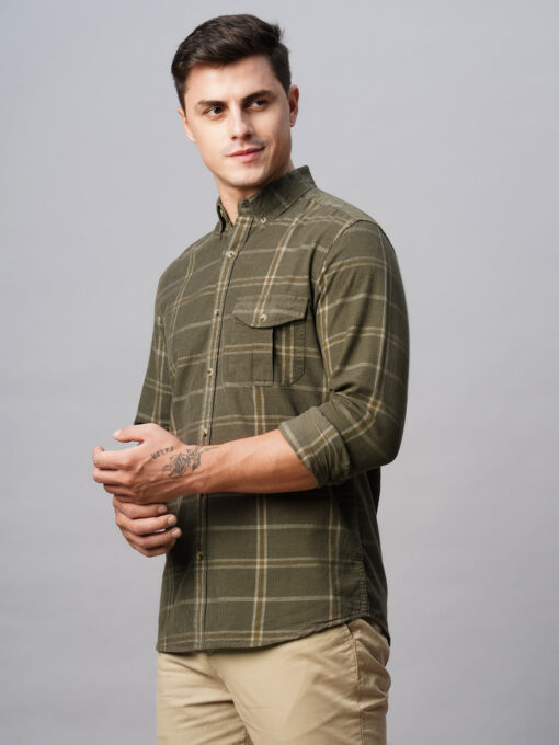 Men's Green Cotton Regular Fit Checked Shirt - Image 4