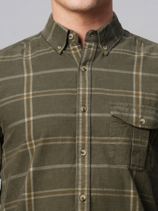 Men's Green Cotton Regular Fit Checked Shirt - Image 7