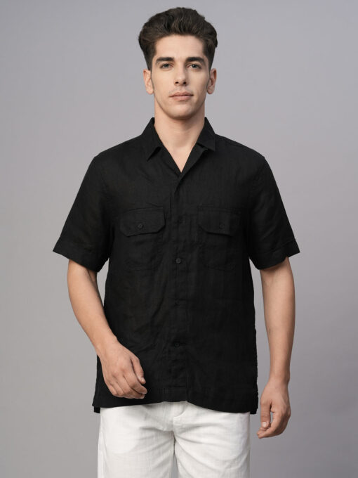 Men's Black 100% Linen Regular Fit Shirt - Image 2