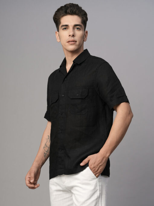 Men's Black 100% Linen Regular Fit Shirt - Image 3