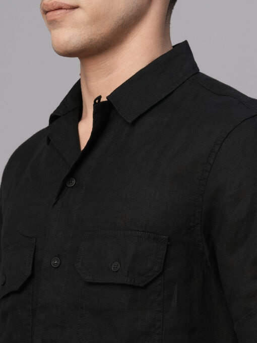 Men's Black 100% Linen Regular Fit Shirt - Image 7