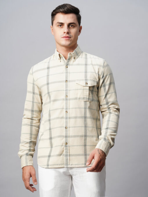 Men's Offwhite Cotton Regular Fit Checked Shirt - Image 2