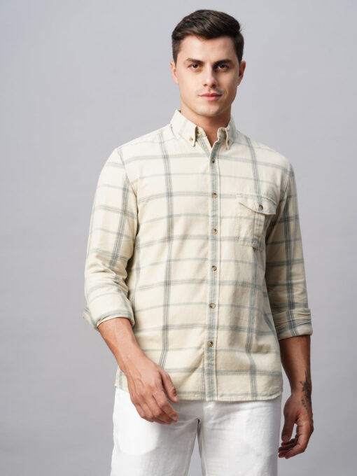 Men's Offwhite Cotton Regular Fit Checked Shirt - Image 3