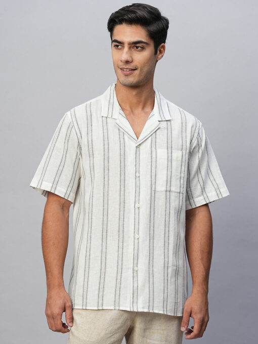 Men's White Linen Cotton Regular Fit Striped Shirt - Image 2