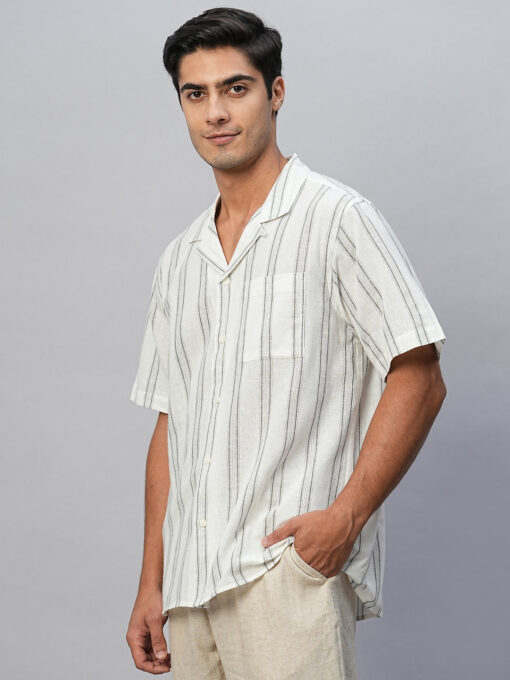 Men's White Linen Cotton Regular Fit Striped Shirt - Image 3