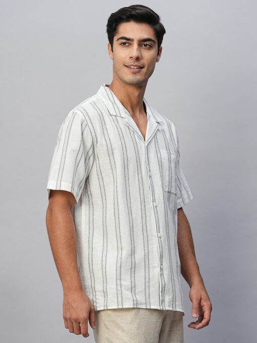 Men's White Linen Cotton Regular Fit Striped Shirt - Image 4