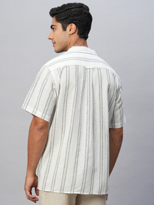 Men's White Linen Cotton Regular Fit Striped Shirt - Image 5