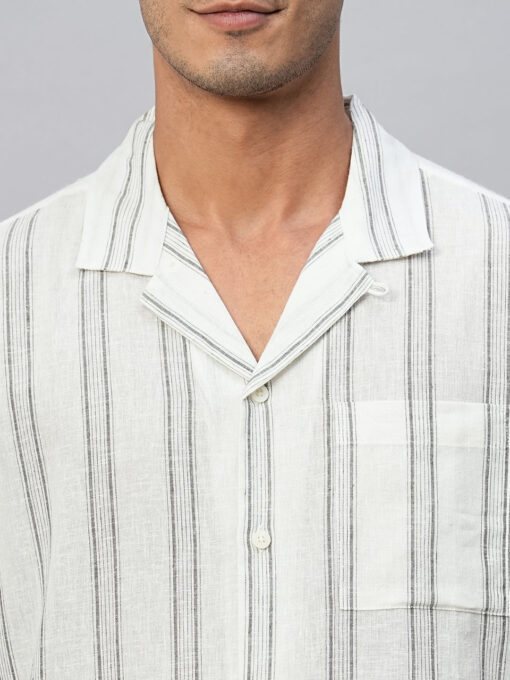 Men's White Linen Cotton Regular Fit Striped Shirt - Image 6