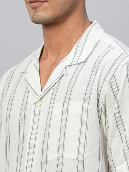 Men's White Linen Cotton Regular Fit Striped Shirt - Image 7