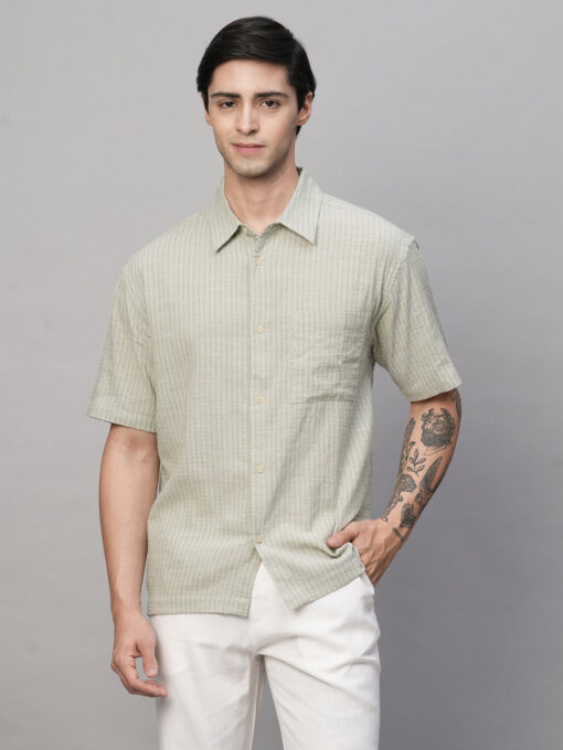 Men's Olive Cotton Viscose Regular Fit Striped Shirt - Image 3