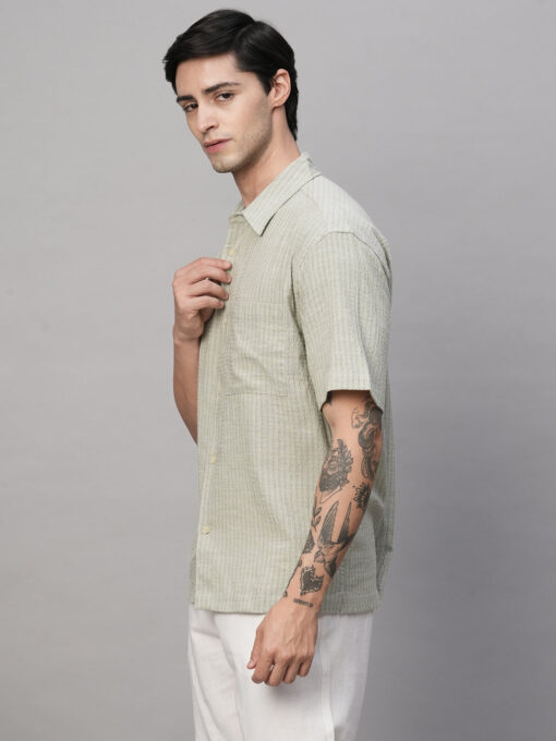 Men's Olive Cotton Viscose Regular Fit Striped Shirt - Image 4