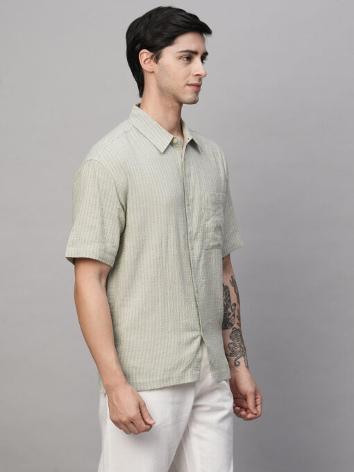 Men's Olive Cotton Viscose Regular Fit Striped Shirt - Image 5