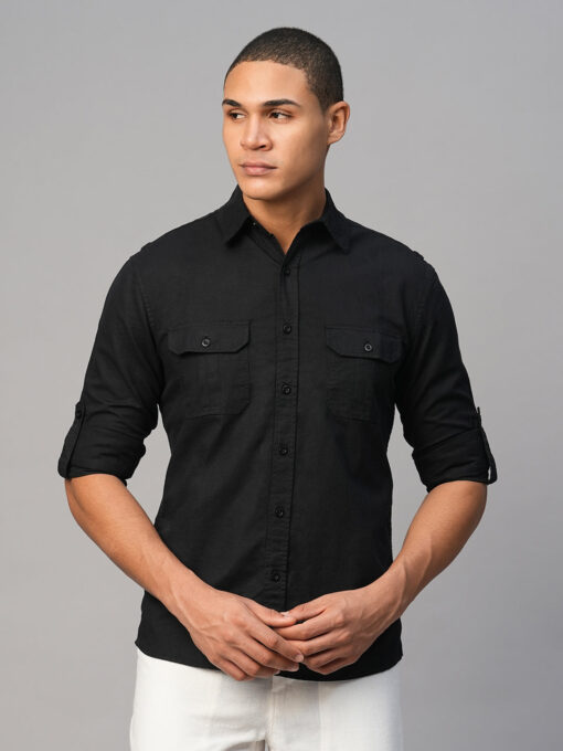 Men's Black Cotton Linen Regular Fit Shirt - Image 2