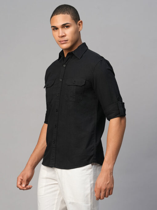 Men's Black Cotton Linen Regular Fit Shirt - Image 3