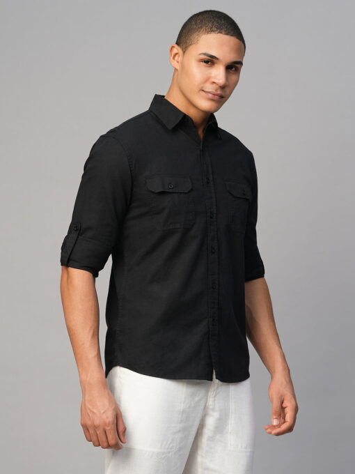 Men's Black Cotton Linen Regular Fit Shirt - Image 4