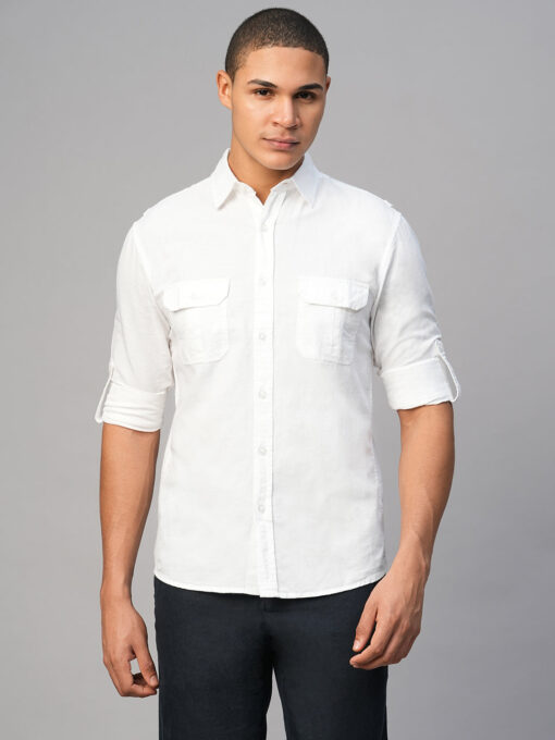 Men's White Cotton Linen Regular Fit Shirt - Image 3