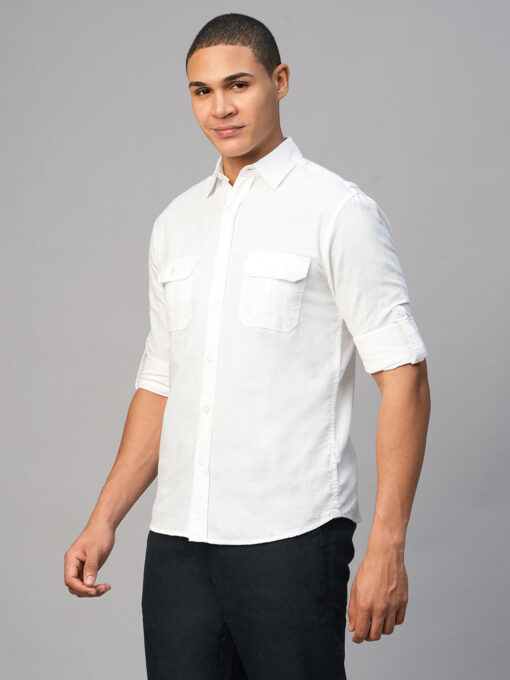 Men's White Cotton Linen Regular Fit Shirt - Image 4