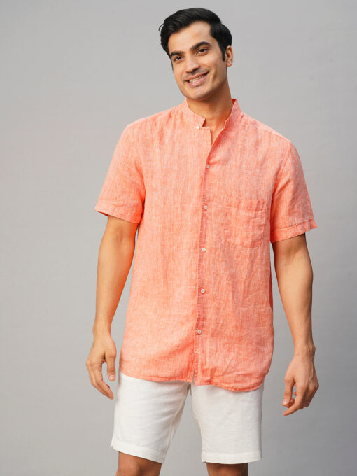 Men's Orange 100% Linen Regular Fit Shirt - Image 2