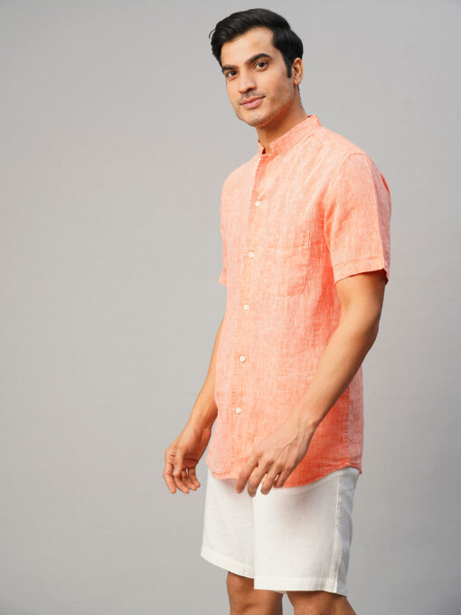 Men's Orange 100% Linen Regular Fit Shirt - Image 3