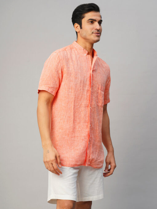 Men's Orange 100% Linen Regular Fit Shirt - Image 4