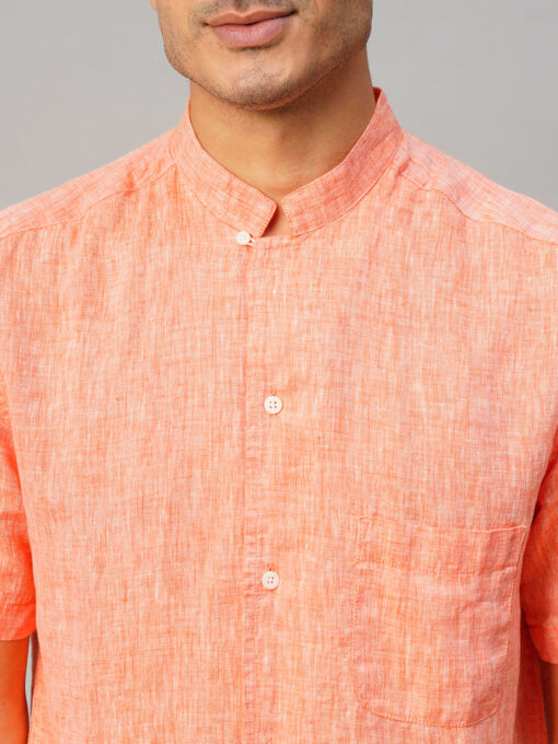 Men's Orange 100% Linen Regular Fit Shirt - Image 6