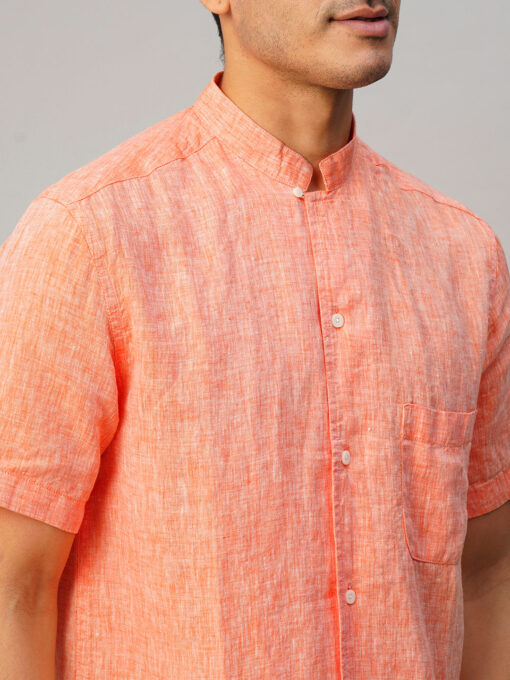 Men's Orange 100% Linen Regular Fit Shirt - Image 7