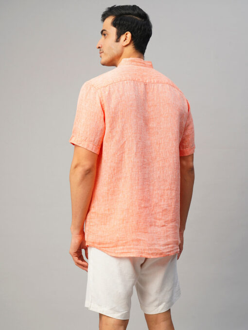 Men's Orange 100% Linen Regular Fit Shirt - Image 5