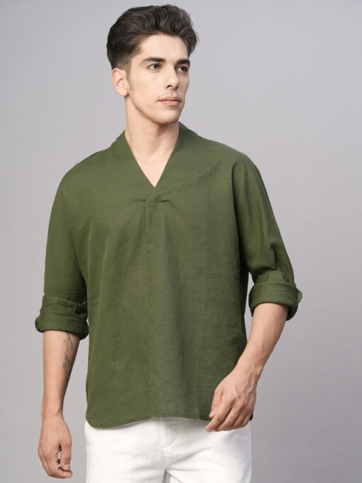 Men's Olive Cotton Linen Regular Fit Shirt - Image 2